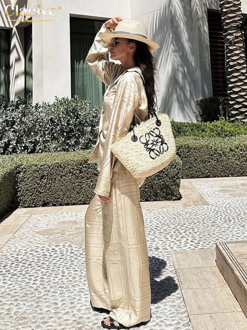 Clacive Fashion Long Sleeve Blouse 2 Piece Sets Women Outfit Elegant Loose Print Pants Set Casual High Waist Wide Trousers Suits.