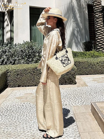 Clacive Fashion Long Sleeve Blouse 2 Piece Sets Women Outfit Elegant Loose Print Pants Set Casual High Waist Wide Trousers Suits.