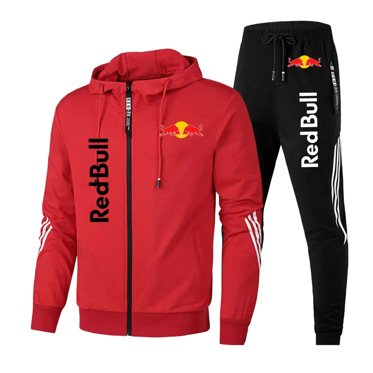 2025 Red Bull Logo Men's Hoodie Set Two-piece New Red Bull Brand Logo Printed Zipper Jacket Solid Color Simple Cycling Suit.