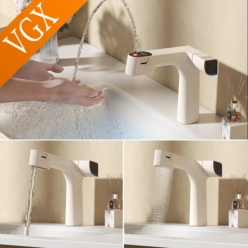 VGX Purified Bathroom Faucets Pull Out Water Filter Tap White Basin Mixer Sink Faucet Gourmet LED Display Brass Tapware Crane
