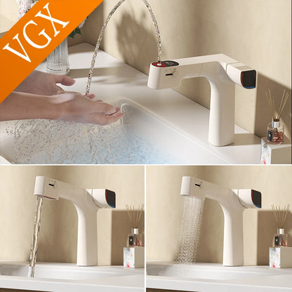 VGX Purified Bathroom Faucets Pull Out Water Filter Tap White Basin Mixer Sink Faucet Gourmet LED Display Brass Tapware Crane