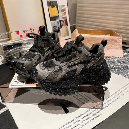 Washed Denim Rhinestone Platform Women's Shoes New Heightened Casual Sneakers 2025.