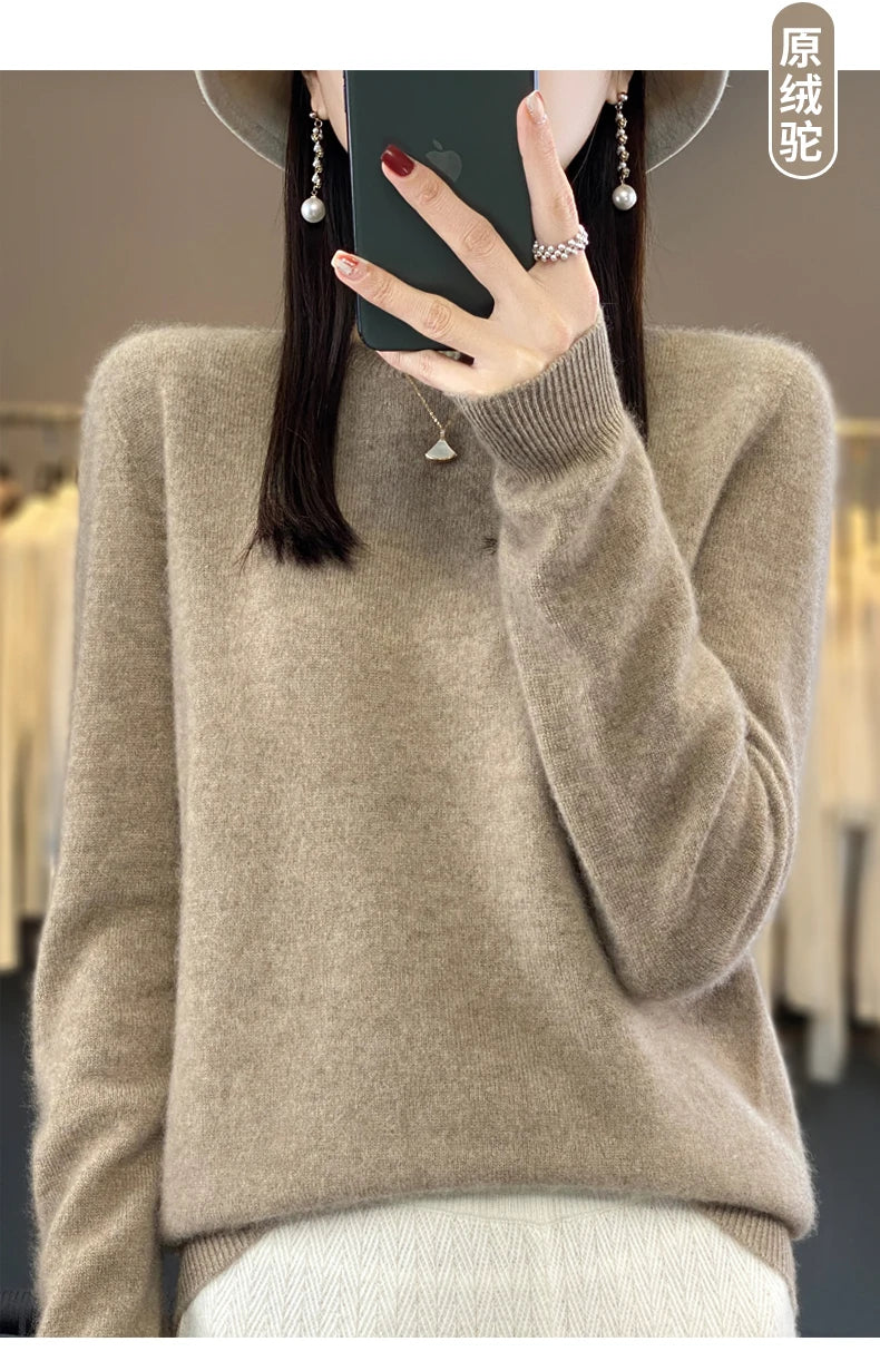 100% Merino Wool Sweater Women O-neck Cashmere Knitwear Female Pullover Autumn Winter Casual Tops Solid Color Soft  Clothing