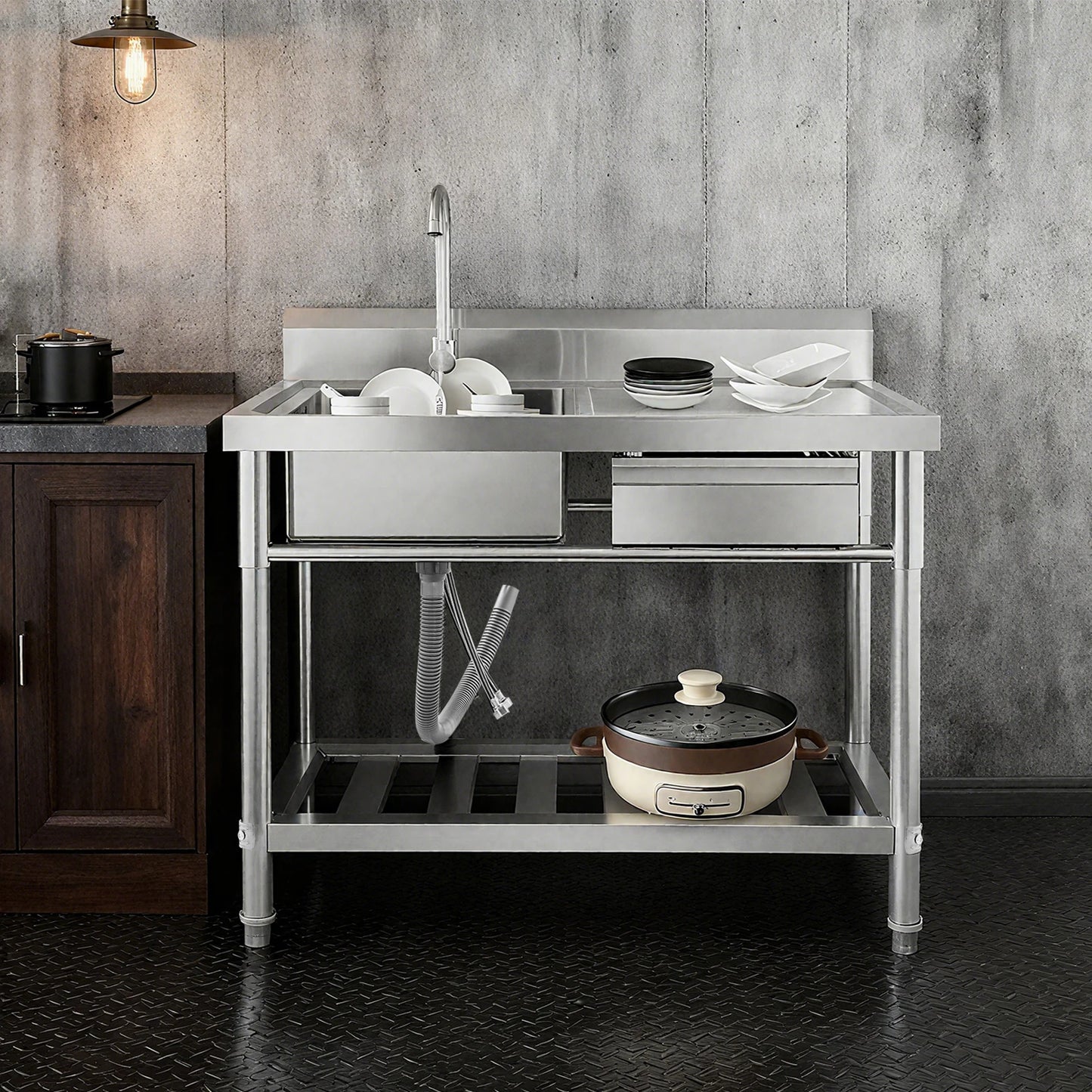 Verdicktes Edelstahl-Spülbecken mit Wasserhahn und Schublade, 150 kg Tragkraft 100 x 60 x 80 cm, für Küche, Restaurant, Wäsche, Garage