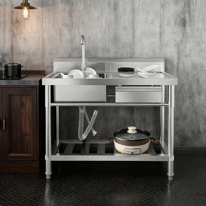 Verdicktes Edelstahl-Spülbecken mit Wasserhahn und Schublade, 150 kg Tragkraft 100 x 60 x 80 cm, für Küche, Restaurant, Wäsche, Garage