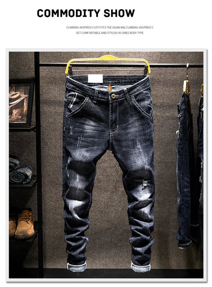 New Men's Fashion Ripped Jeans Stretch Slim Straight Little Feet Pants Hip Hop Youth Streetwear Punk Personality Male Trousers.