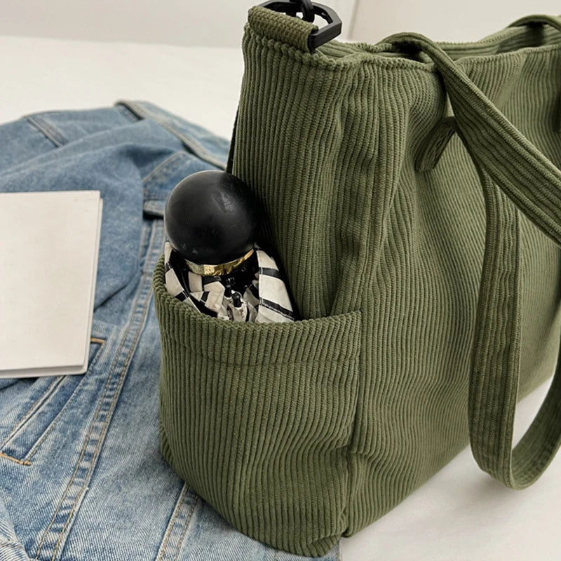 Women Corduroy Tote Bag Casual Multi Pocket Handbag Adjustable Strap Crossbody Sling Bag Zipper Shoulder Bag Fall Winter Bag