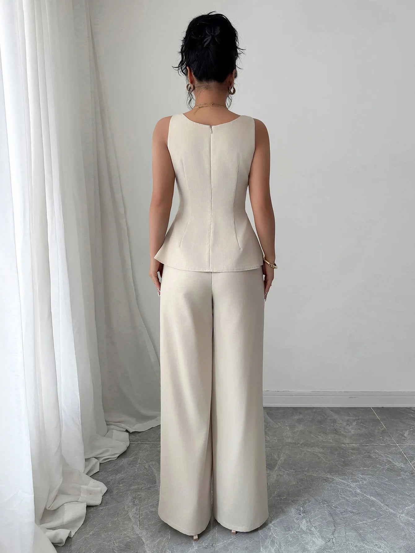 Two Piece Sets Women Pant Set Sleeveless Matching Sets Ruffles Tops Y2k Streetwear Elegant Work Wide Leg Long Pants High Waist.