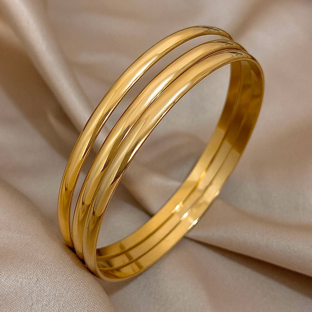 3pcs Glossy 18K Gold Plated Stainless Steel Bangle Bracelet for Women Minimalist Basic Wristband Bangles Waterproof Jewelry.