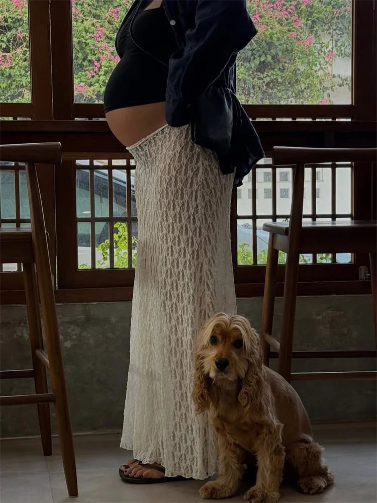 Tossy Fashion Summer Lace Long Skirt Women See-Through Slim High Waist Hollow Out Patchwork Elegant Commute Female Maxi Skirt