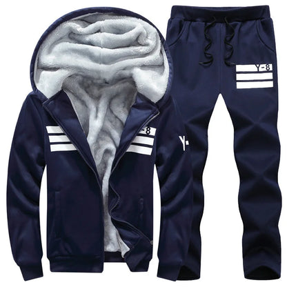 Winter New Men's Fleece Thickened Warm Sports Suit Fashionable Hooded Full Zipper Solid Color Trendy Casual Men's Suit.
