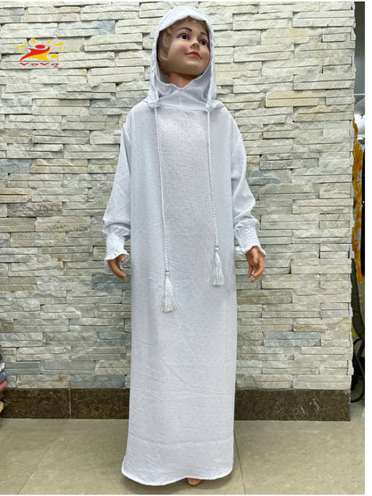 Kids Cotton Islamic Dress Full Cover Robe for Muslim Girls with Two-Hat Turkey Diamond Abaya New Eid Ramadan Prayer Garment.