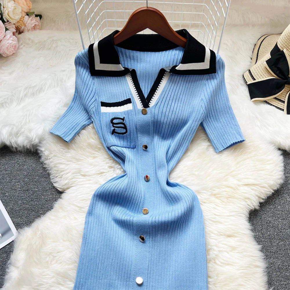 YuooMuoo 2023 Neue Sommer Frauen Gestrickte Lange Kleid Elegante Stickerei Dünne Elastische Bodycon Pullover Kleid Büro Dame Vestidos.