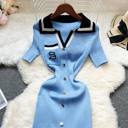 YuooMuoo 2023 Neue Sommer Frauen Gestrickte Lange Kleid Elegante Stickerei Dünne Elastische Bodycon Pullover Kleid Büro Dame Vestidos.