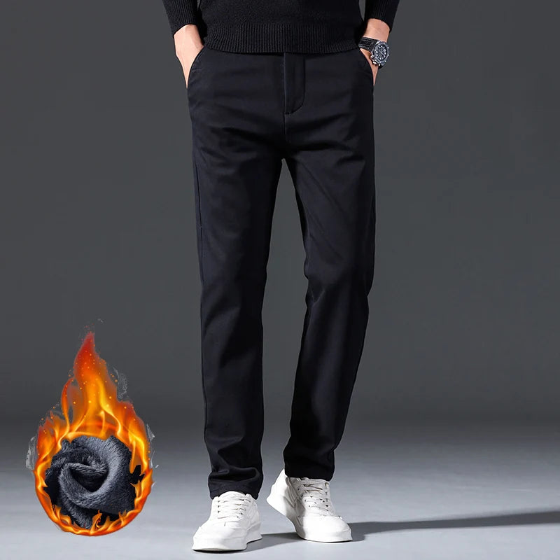 Winter Casual Men Classic Style Business Warm Plush Trousers Regular Thick Fur Pants Male Fleece Elastic Straight Formal Pants.