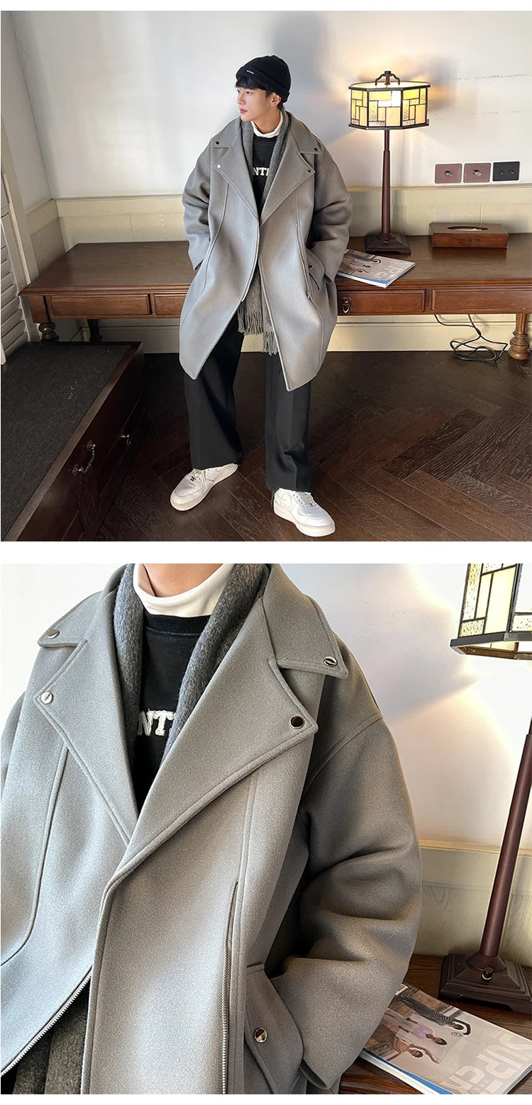 Winter Fashion Woolen Dust Coats Men Zipper Decor High Quality Korean Style Loose Casual Windbreaker Men's Thick Warm Trenchcoat.