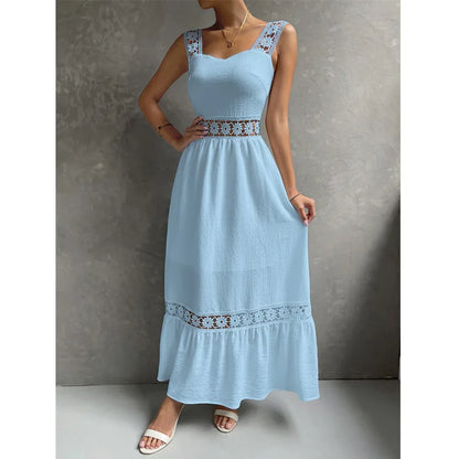 Weiße Lange Kleid Frauen Sommer Sexy Sleeveless Backless Maxi Kleider Damen Elegante Hohle Heraus Spitze Kleid Boho Sommerkleid Vestidos