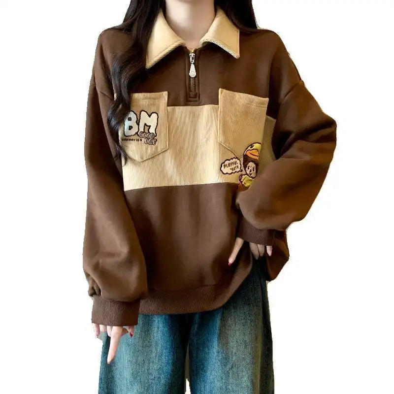 Oversized Autumn Winter Casual Printing Turn-down Collar Long Sleeve Sweatshirts Female Preppy Style Cartoon Loose T-Shirts Tops.