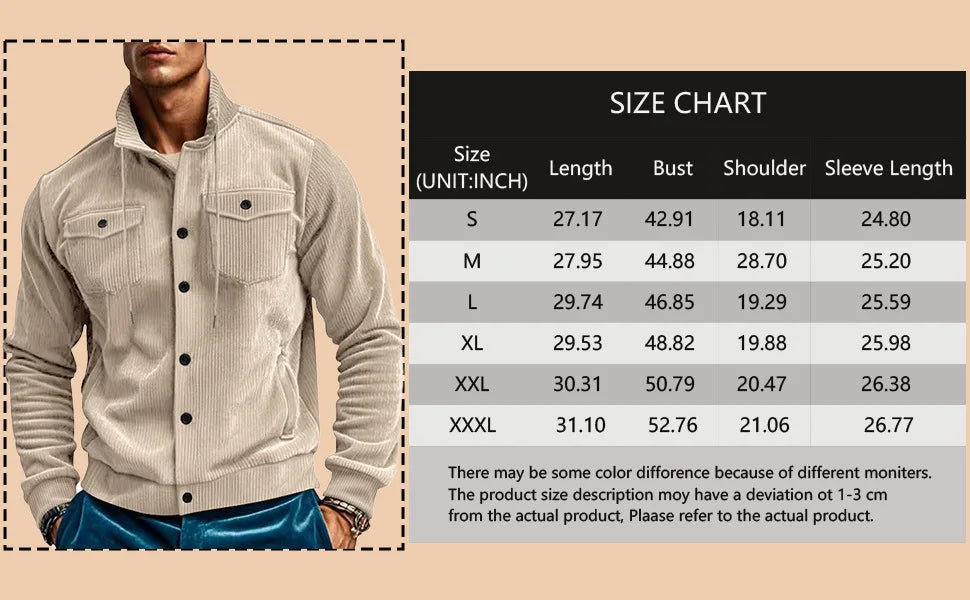 Men's Corduroy Jacket Stand-up Collar Slim Fit Retro Multi-pocket Workwear Commuter Coat for Spring And Autumn.