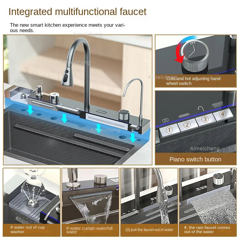 Küchenspüle aus Edelstahl mit Wasserhahn, Digitalanzeige, große Einzelschüssel, Wasserfall, Regen, 5-Funktionen-System, Spülbecken, Spüle