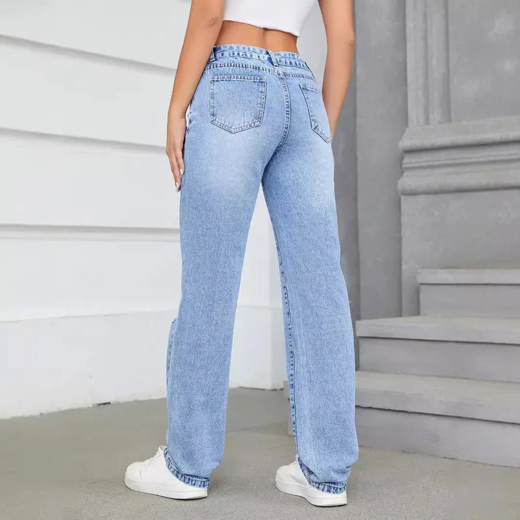 Loose High Waist Casual Hole Straight Leg Jeans Long Pants Wide Leg Trousers Comfortable Fit Female Denim Jeans.