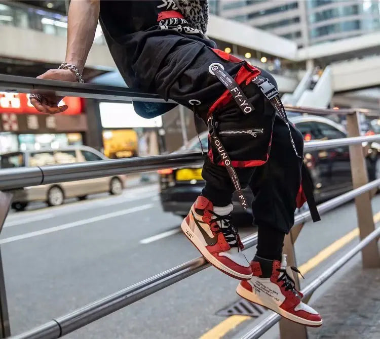Men's Cargo Pants Casual Hip Hop Hit Color Multiple Pockets Trousers Streetwear Ribbons Techwear Sweatpants.