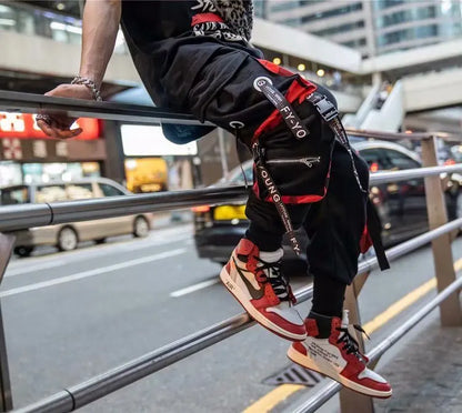 Men's Cargo Pants Casual Hip Hop Hit Color Multiple Pockets Trousers Streetwear Ribbons Techwear Sweatpants.