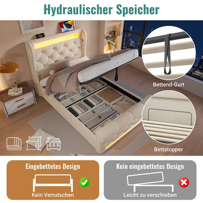 KOMHTOM Modernes Polsterbett Einzelbett 90x200cm mit LED-Leuchten, USB- und Typ-C-Anschlüssen, Hydraulisches Stauraumbett