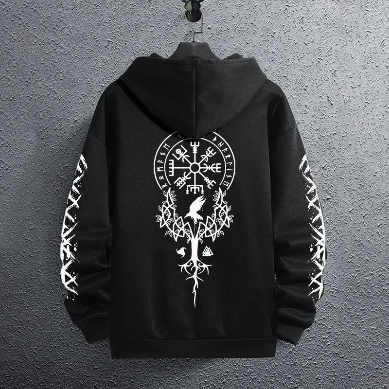 2025 Brand New Black Sweatshirts Autumn Winter Male Daily Casual Sporty Jogging Hoodie Men's Ancient Viking Raven Print Pullover.