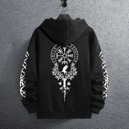2025 Brand New Black Sweatshirts Autumn Winter Male Daily Casual Sporty Jogging Hoodie Men's Ancient Viking Raven Print Pullover.