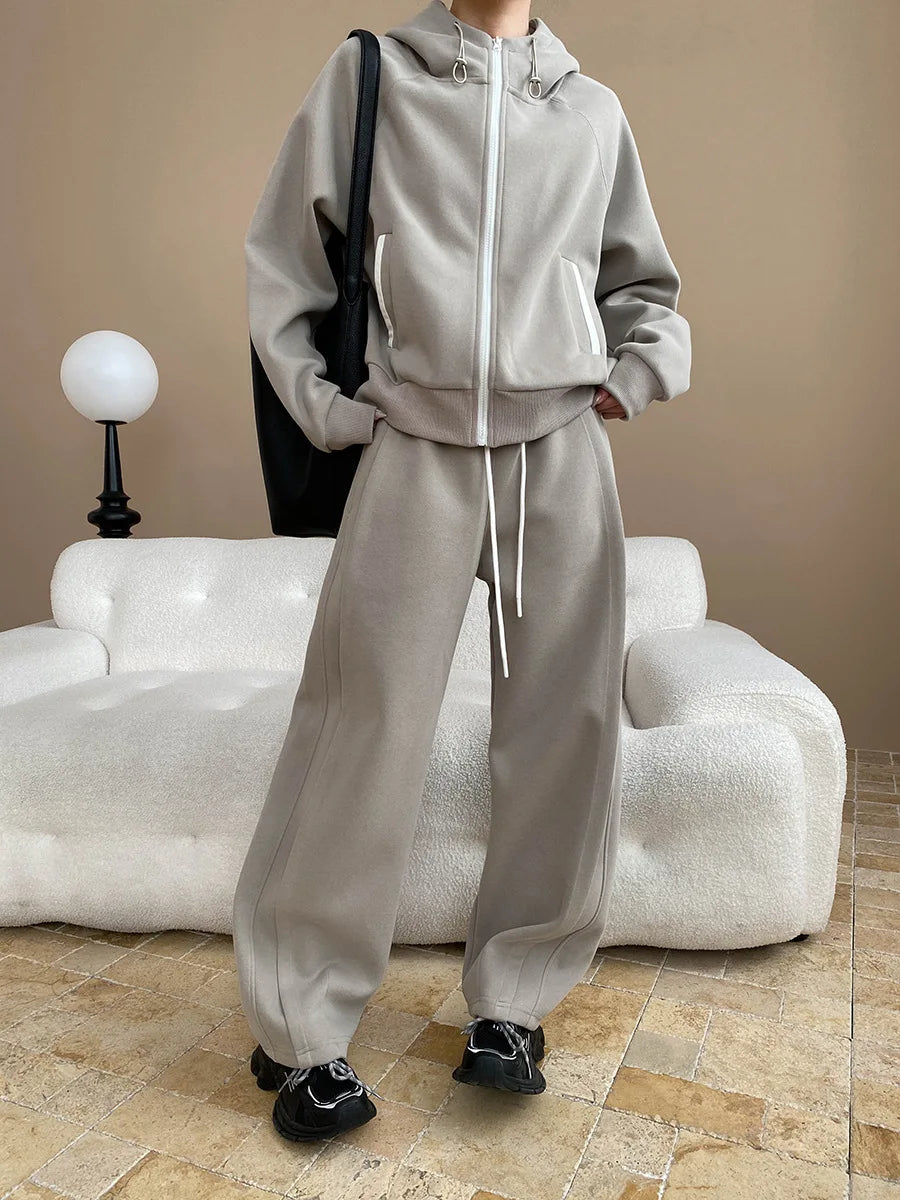 Spring and Autumn Women's Casual Solid Color Loose Hooded Sweatshirt+High Waist Loose Pants Set
