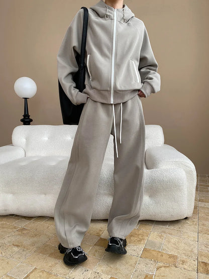 Spring and Autumn Women's Casual Solid Color Loose Hooded Sweatshirt+High Waist Loose Pants Set