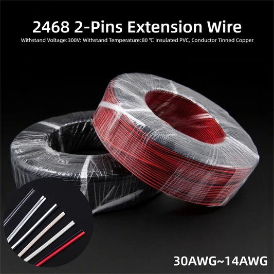 2 Pin Wire Electric Copper Cable 28 26 24 22 20 18 16 AWG LED Strip Lamp Lighting Cable PVC Extend Cord White Black Red UL2468.