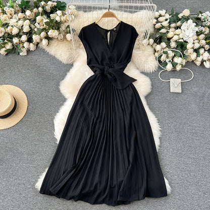 Französisch Vintage elegante Plissee Vneck Kleid A-Linie Mode Chiffon Frühling Herbst ärmellose Vestidos Frauen kleider