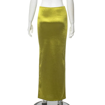 2025 Autumn Stain Long Solid Color Skirt Women Elegant High Waist Side Split Maxi Skirts Party Sexy Clothes for Female