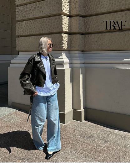 TRAF Damen Vintage lose Lederjacke Gürtel Schulter Abzeichen Zip Revers Jacke Handsome Washed Leder Motorrad Kleidung