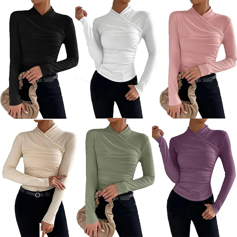 Sexy Elegant Fall Winter Long Sleeve Cross Pleated Pullover Women's Modal Solid Color Irregular Tops Street Daily Versatile Tees.