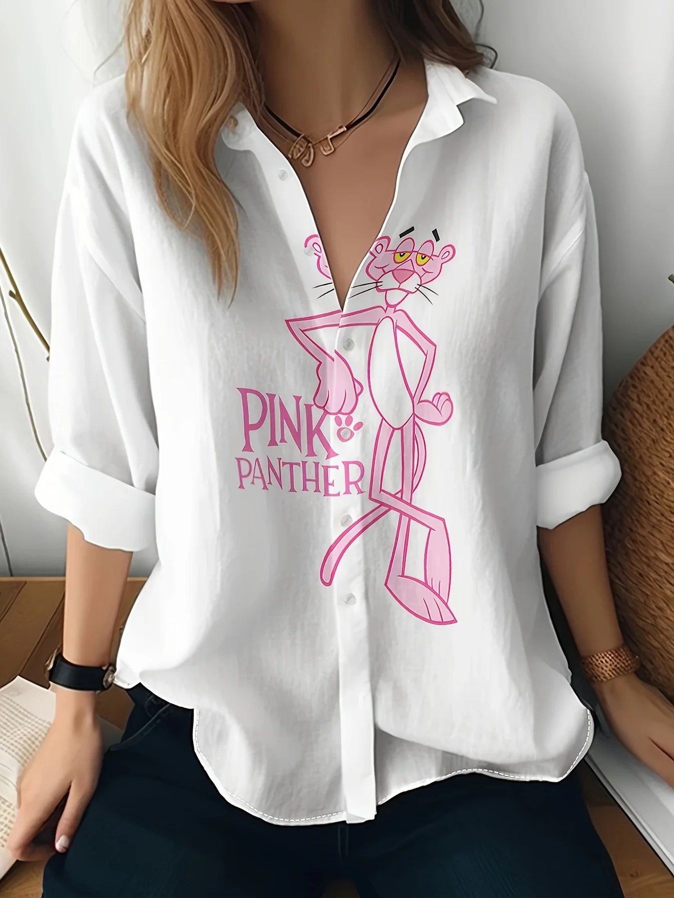 Women's Long Sleeve Shirt Cute Pink Leopard Cartoon Print Casual Button Lapel Casual Tops.