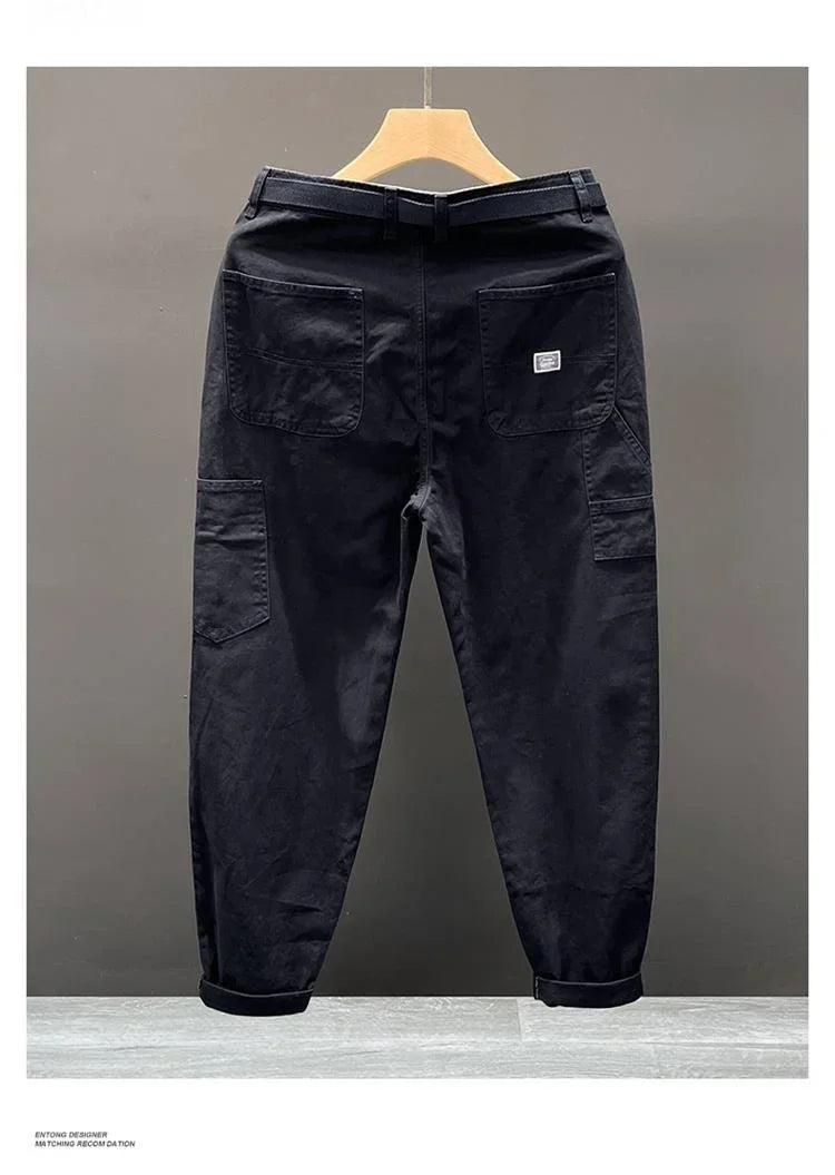 Autumn Summer Wide Leg Cotton Work Trousers Men's Cone Straight Loose Wear Resistant Pocket Pants Retro Wash Casual Workwear.