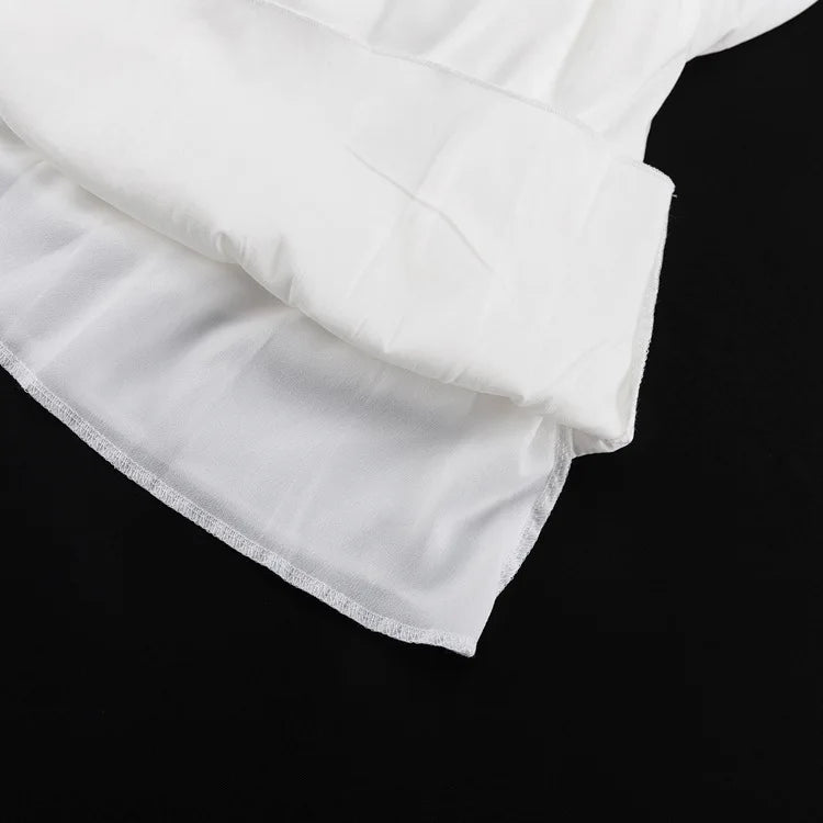 Glänzendes gekräuseltes weißes Mini kleid mit V-Ausschnitt, weibliches Patchwork, langärmliges, elegantes Verband-Mode kleid, hoch tailliertes Schnür kleid für Frauen.