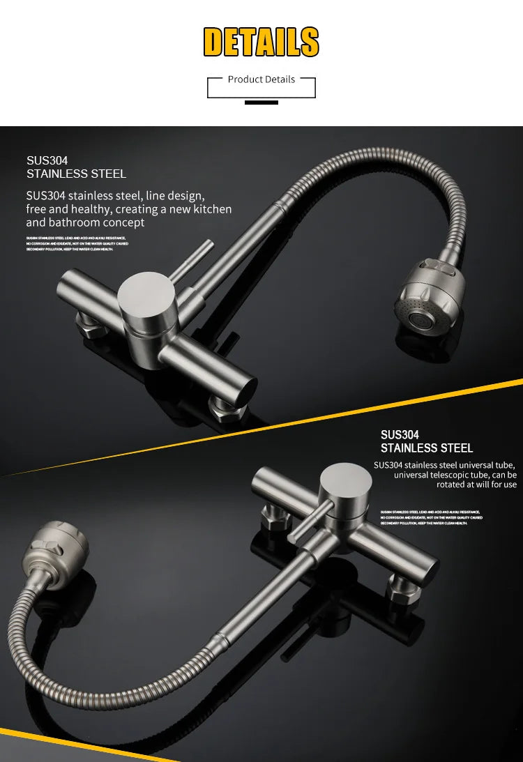 Universal Wall Mounted Stainless Steel Kitchen Faucet Cold and Hot Tap 360 Degree Swivel Flexible Hose Single Handle Faucet