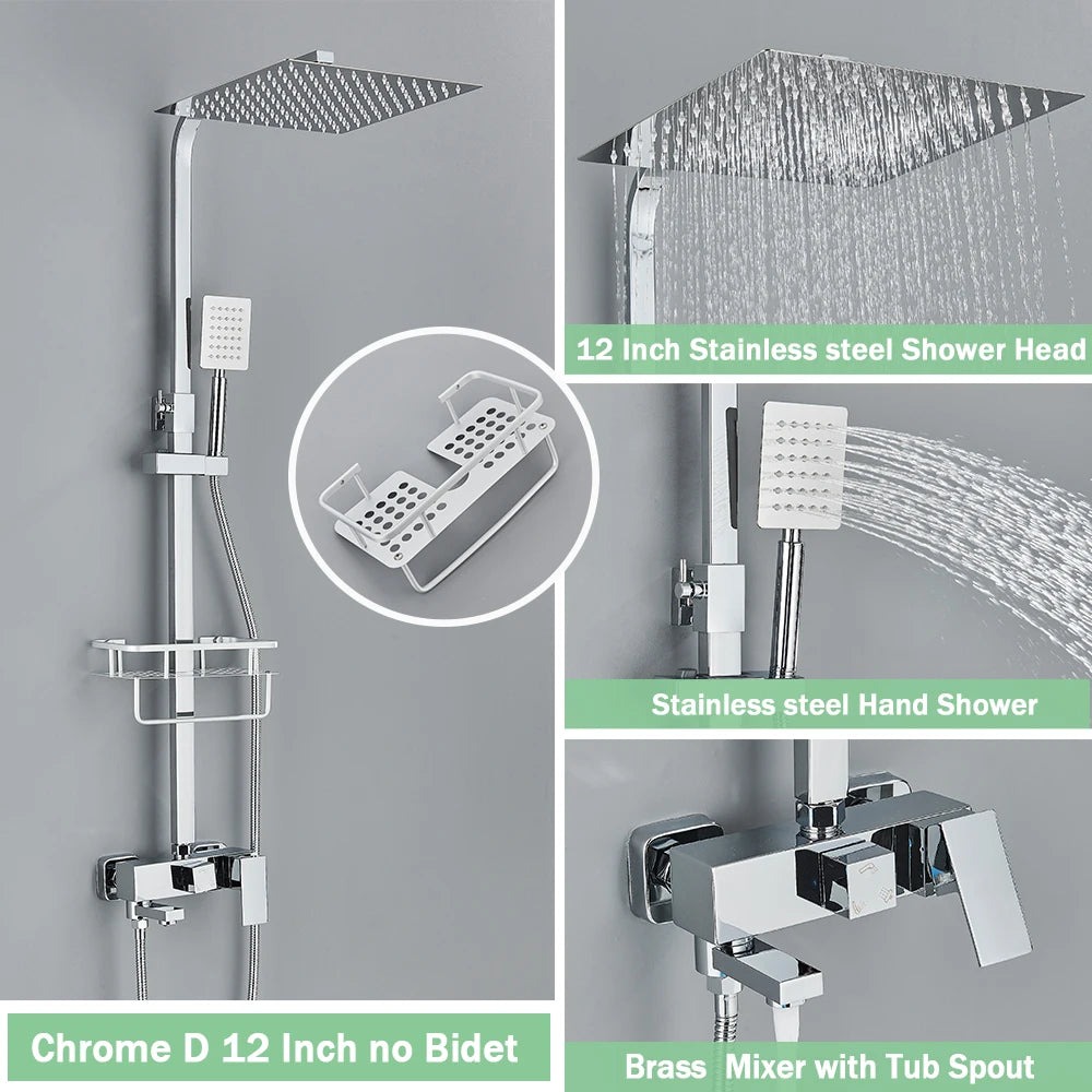 Rainfall Bathroom Shower Faucet Kit With Bidet Wall Mounted Stainless Steel Hot Cold Water Mixer Tap System With Rack,Tub Spout