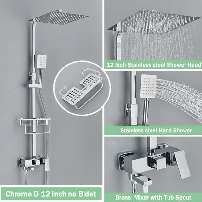 Rainfall Bathroom Shower Faucet Kit With Bidet Wall Mounted Stainless Steel Hot Cold Water Mixer Tap System With Rack,Tub Spout