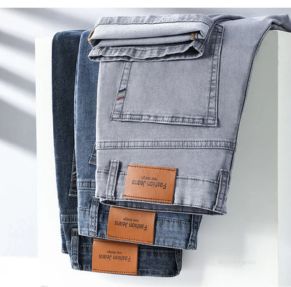 Brand Men's Fashion Summer Thin Jeans Comfortable Stretch Cotton Business Straight Casual Denim Pants Light Gray Blue Pants