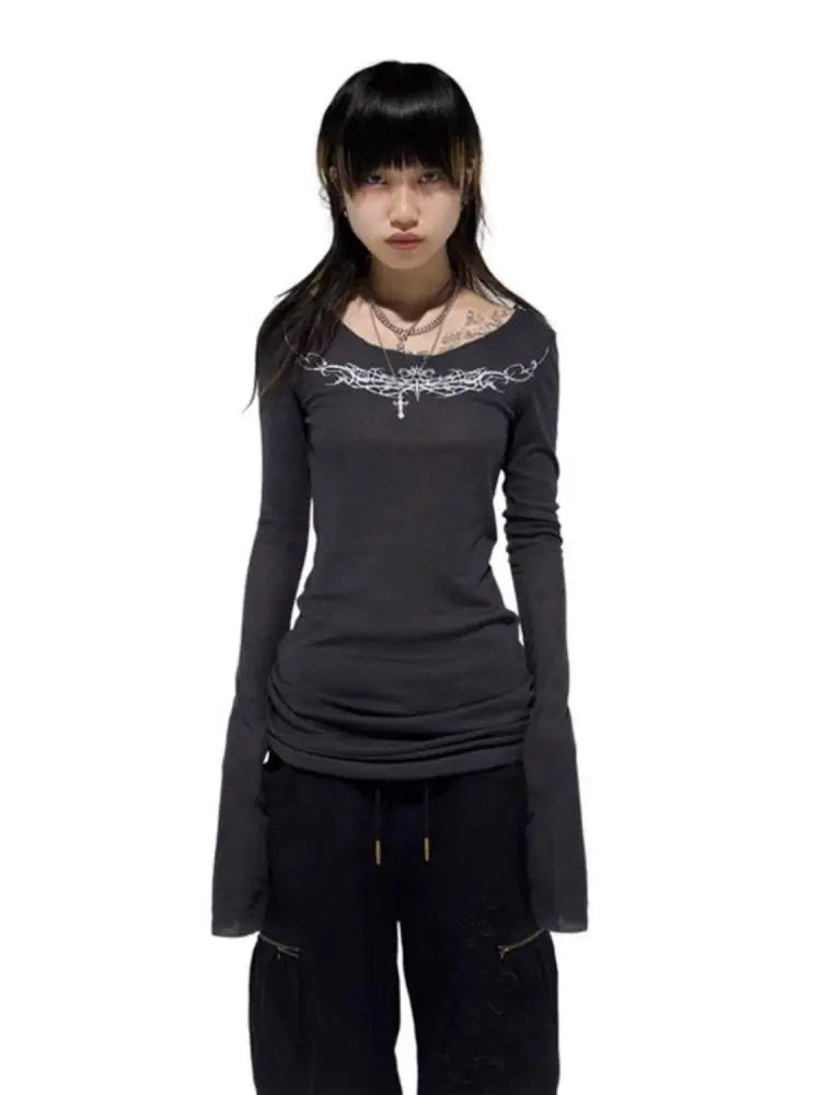 Seeslim Gothic Graphic T Shirts Women Long Sleeve Korean Fashion 2000s Clothes Y2k Slim Spring Autumn Tops Tees Female Clothing.