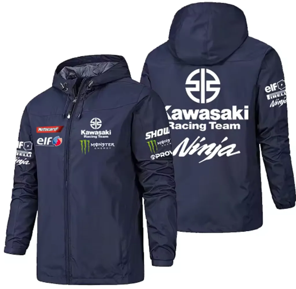 Racing team jacket with Kawasaki logo, men's waterproof and windproof sportswear, 2025 new outdoor sports fashionable fan jacket.