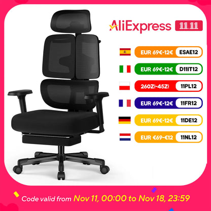 AUTHMIC Premium Ergonomischer Bürostuhl mit 6D-verstellbaren Armlehnen, 3D-Kopfstütze, 3-Zonen-Rückenlehne, 200 kg Tragkraft, Liegestuhl 90 ° -160 °