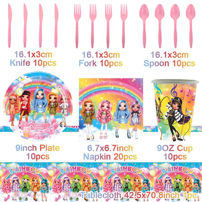 Cartoon Regenbogen Puppe High School Thema Hintergrund Geburtstag Party Dekoration Lieferungen Einweg Tasse Besteck Ballon Baby Geschenk.