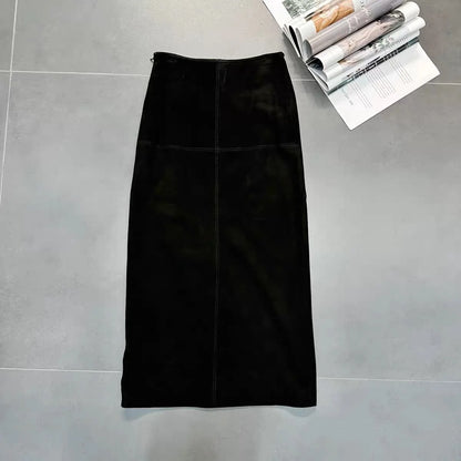 Retro High Grade Suede Real Leather Long Skirt 80cm For Women Upgraded Imported  Jupe Back Split Waist Loop Faldas Ankle-Length.