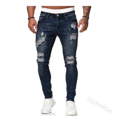Zerrissene mittlere Taille Slim Fit Herren Jeans Vintage Denim Punk Wash Solid Punk Style Skinny Bleistifthose Distressed Holes Knöchellänge.